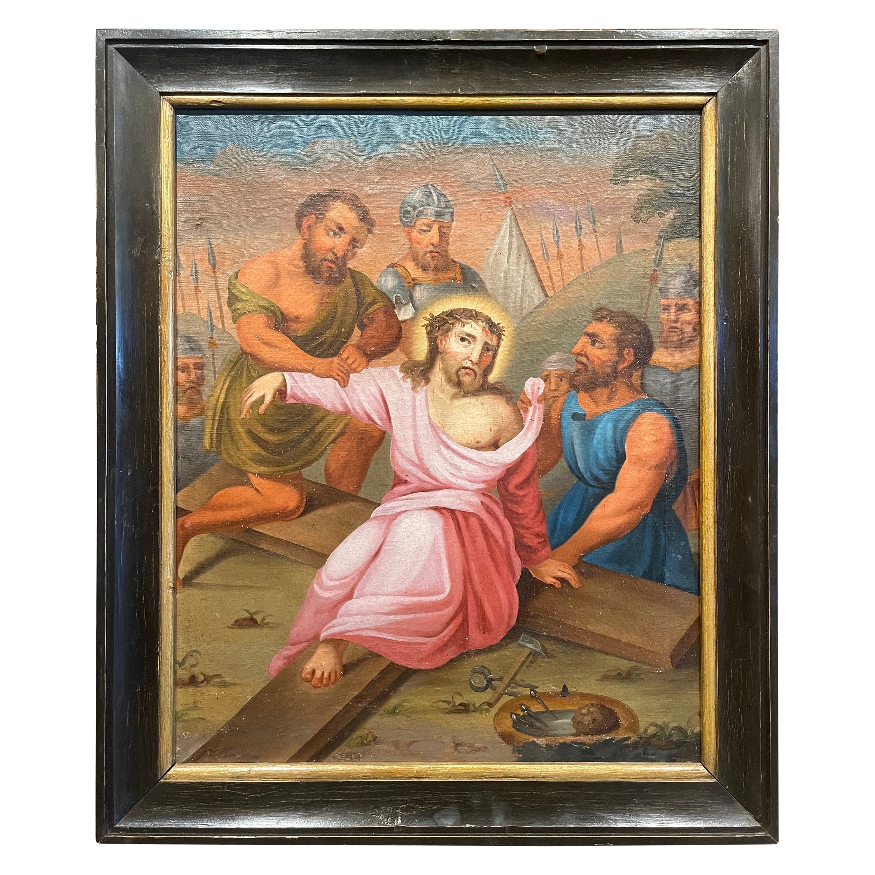 Französisches Ölgemälde auf Leinwand, 18. Jahrhundert, Gemälde „Der zehnte Station des Kreuzes“    im Angebot