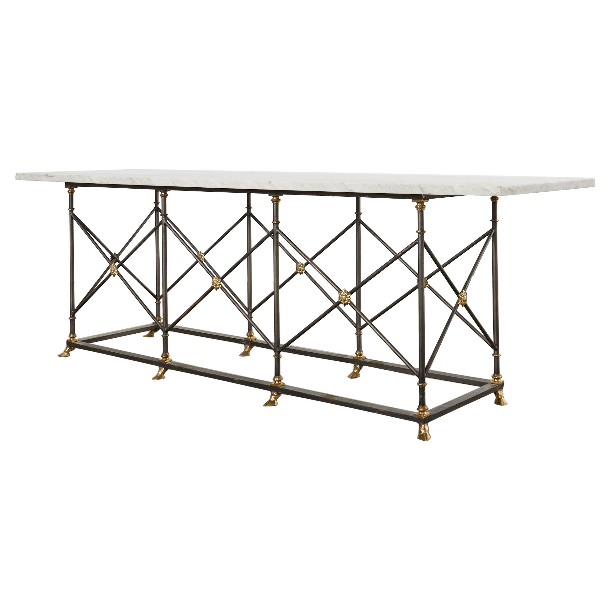 Neoclassical Style Iron Bronze Carrara Marble Top Console Table 