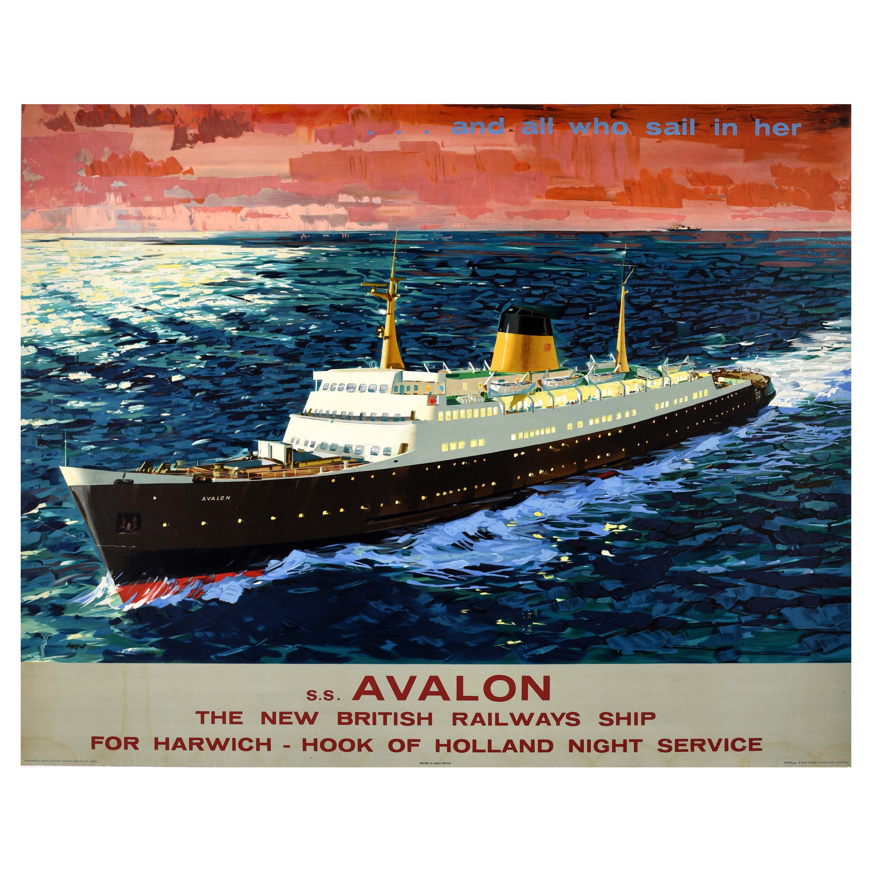 Original-Vintage-Reiseplakat SS Avalon Harwich, Holland Ferry, British Railways, Britische Eisenbahnen