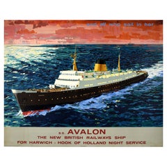 Original Vintage Travel Poster SS Avalon Harwich Holland Ferry British Railways