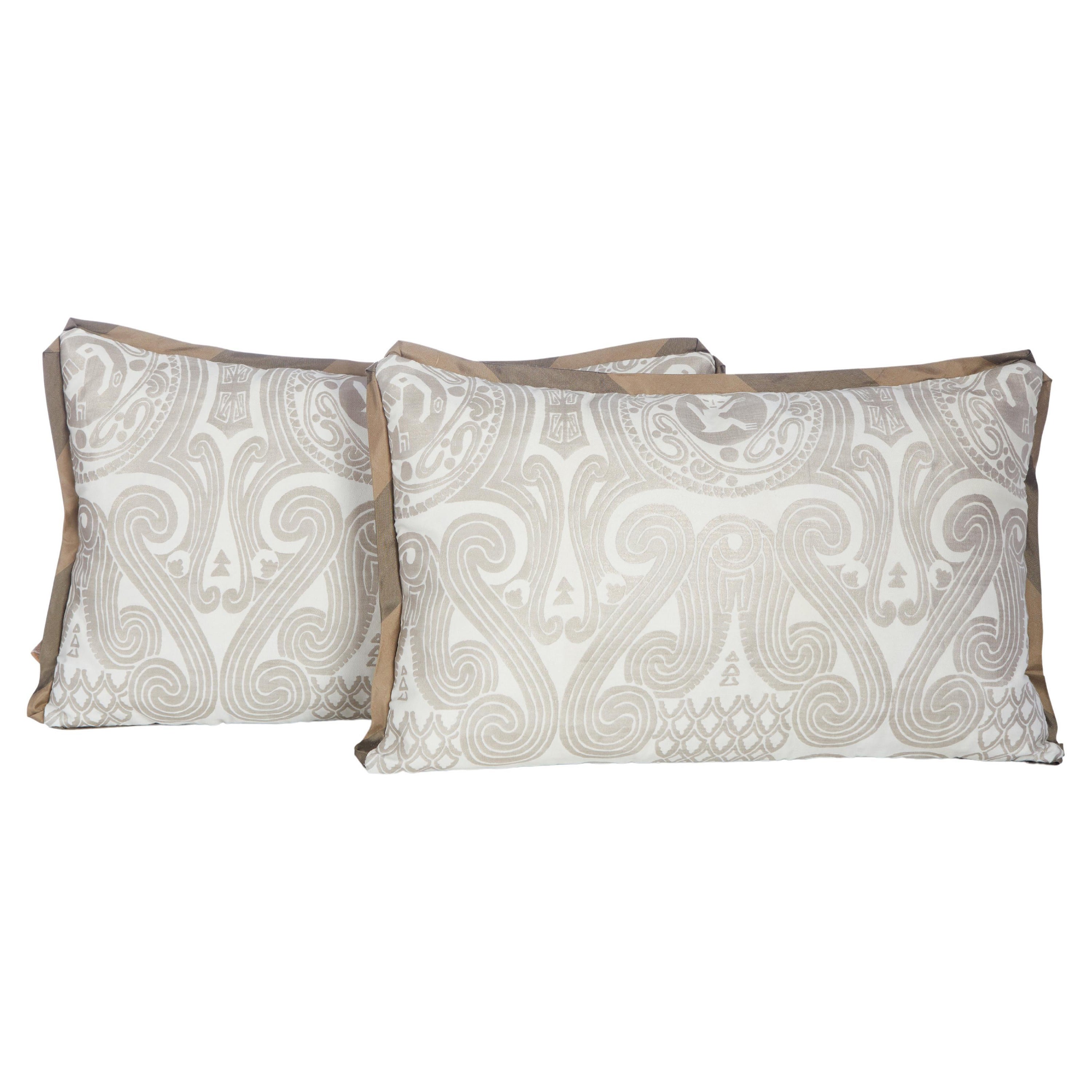 Pair of Fortuny Peruviano Lumbar Cushions In Silvery Gold on White For Sale