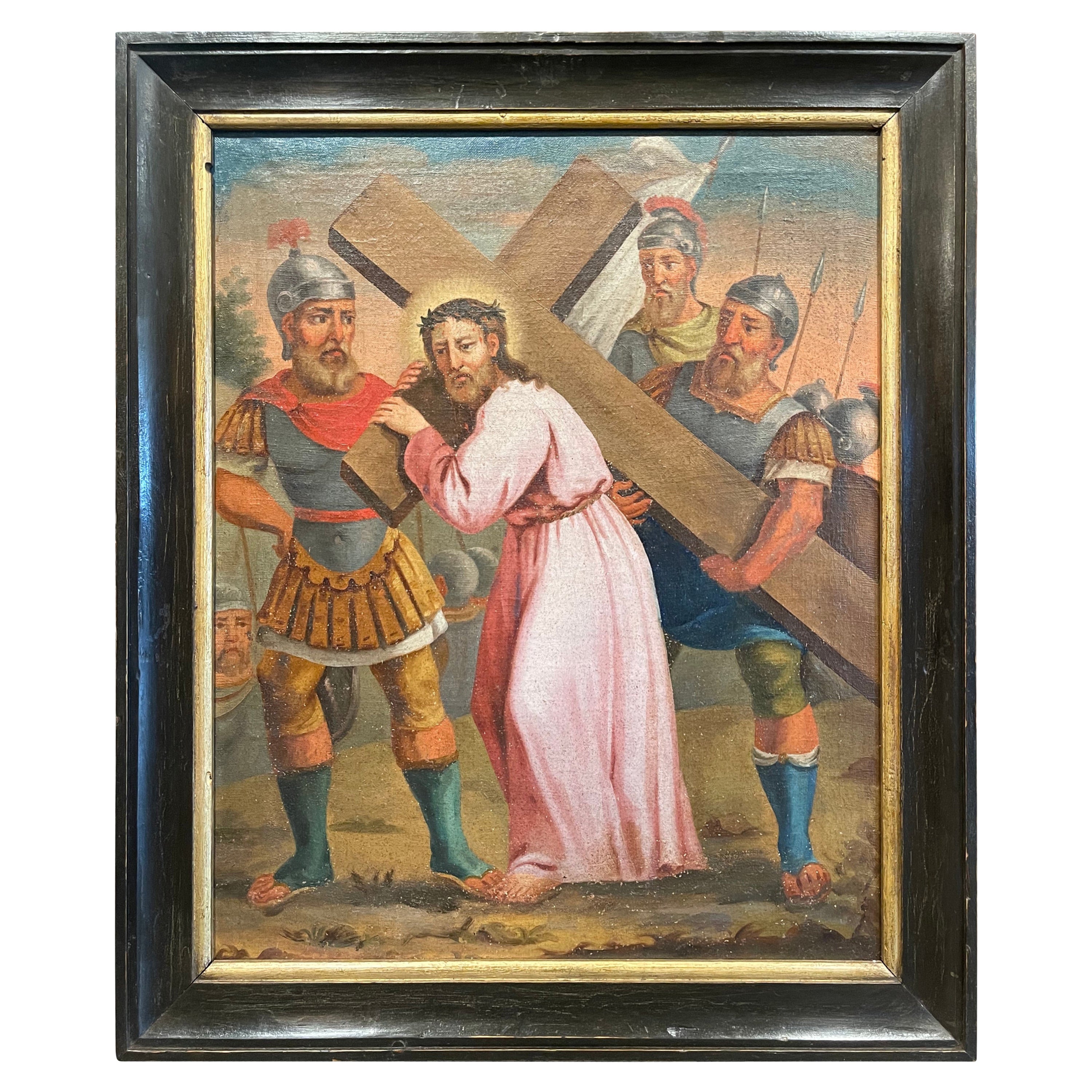 Peinture à l'huile sur toile française du 18ème siècle « La cinquième station de la croix »   