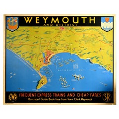 Original Vintage Railway Travel Poster Weymouth GWR SR Railway Map Express Train