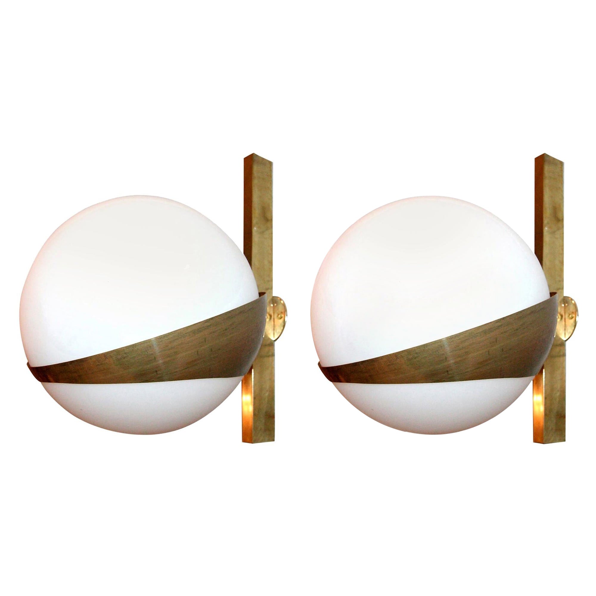 Pair of Stilnovo Style Brass Sconces with White Glass Balls For Sale