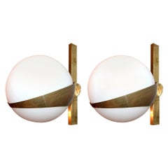 Pair of Stilnovo Style Brass Sconces with White Glass Balls