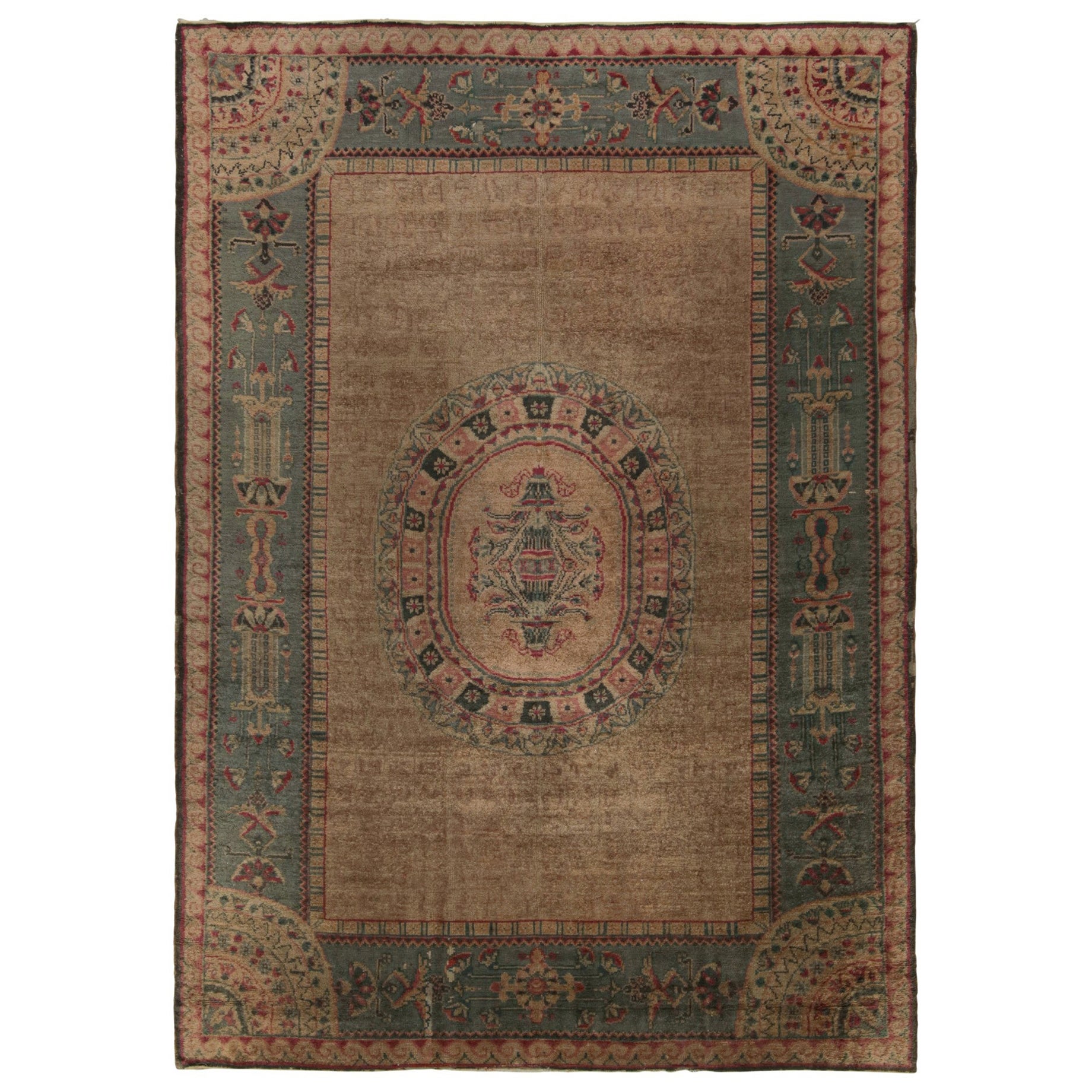 Antique Oushak Rug in Brown with Blue Floral Patterns