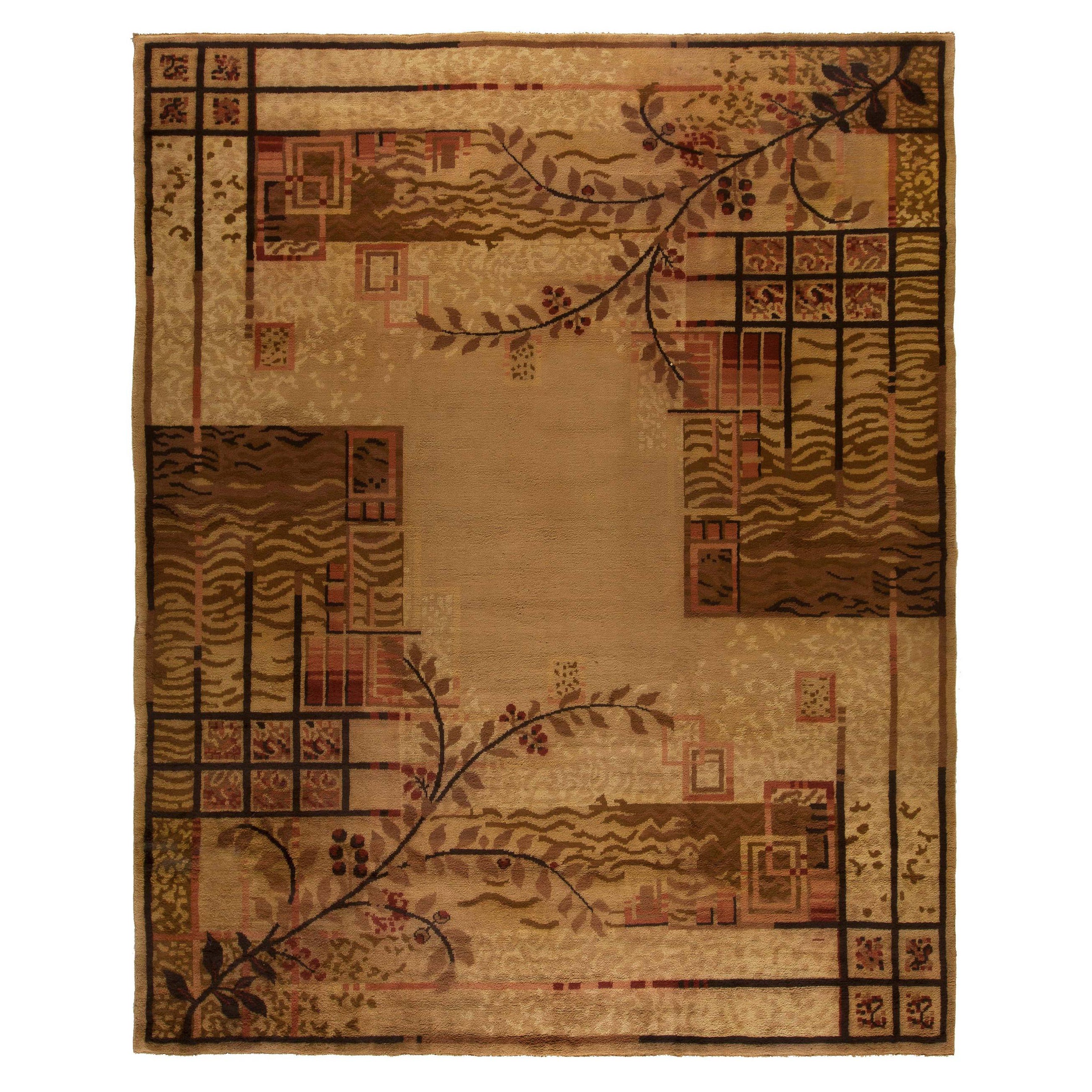Authentic French Art Deco Brown Handwoven Wool Rug For Sale