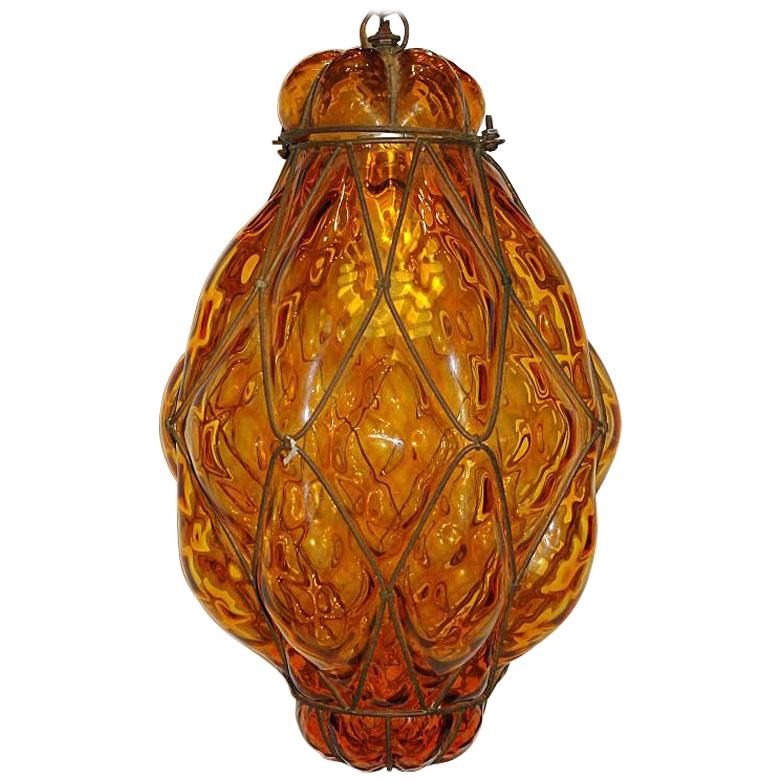 Amber Glass and Metal Lantern For Sale