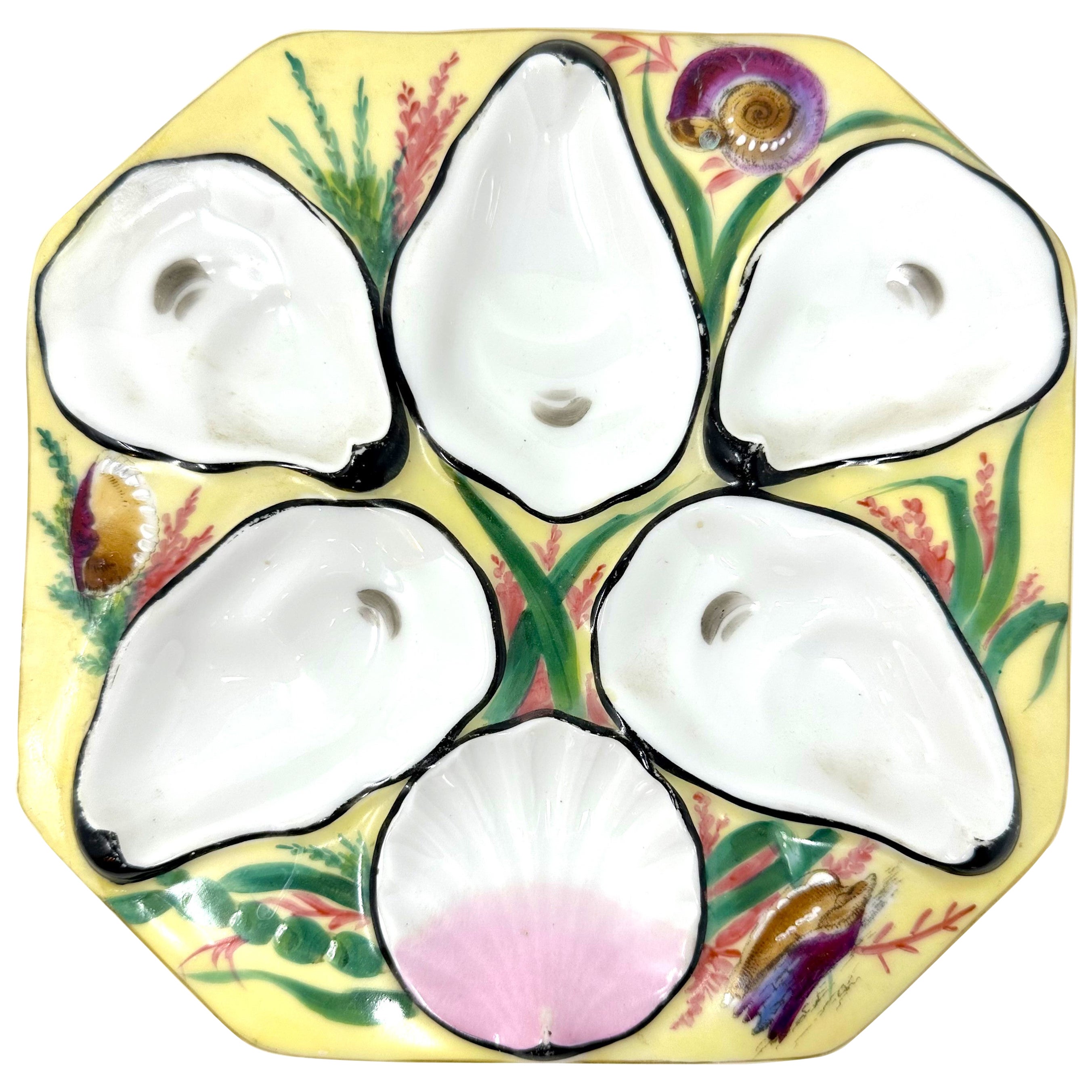 Antique French Limoges Porcelain Yellow Oyster Plate, Circa 1880-1890.