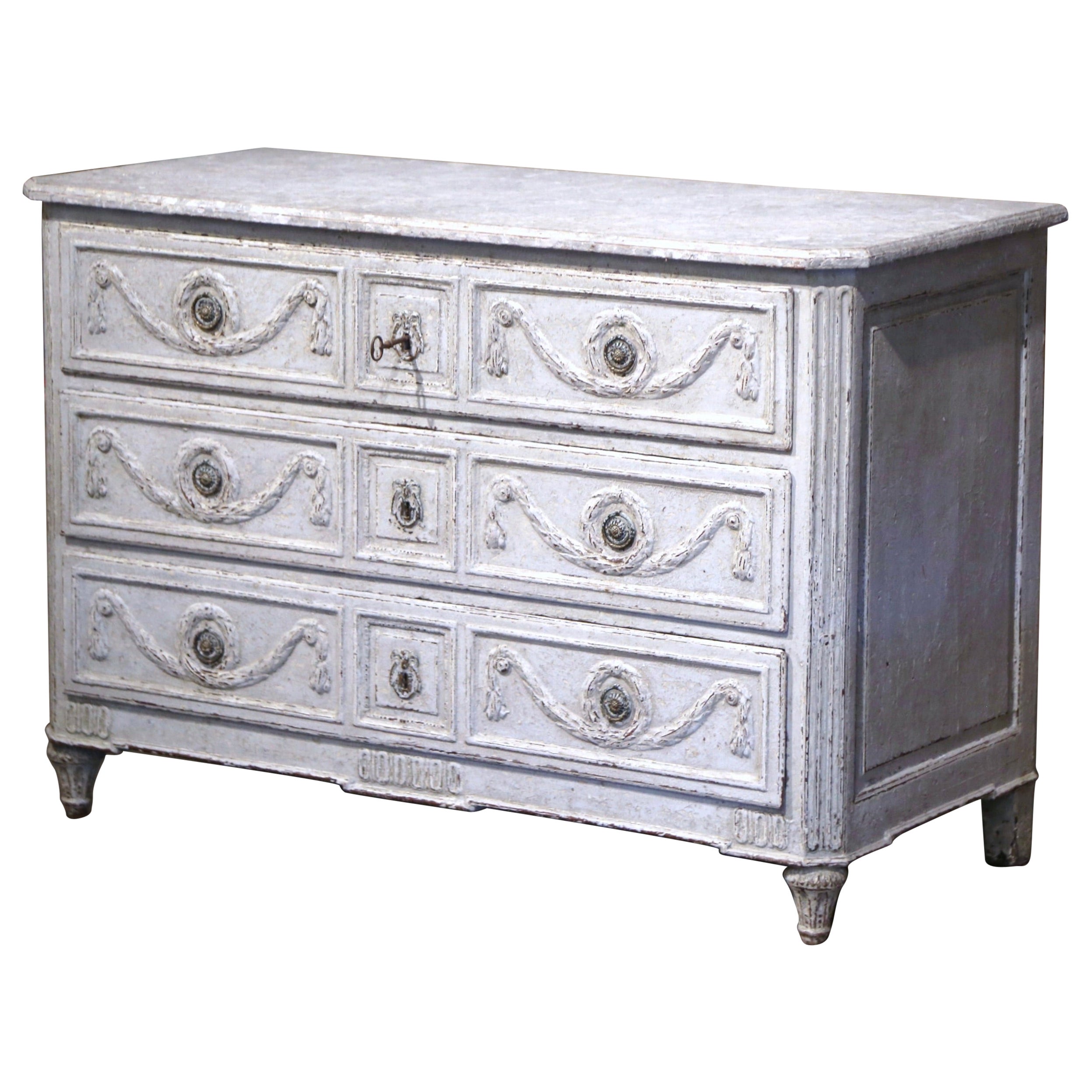 18th Century Louis XVI Carved & Painted Three-Drawer Chest with Faux Marble Top For Sale
