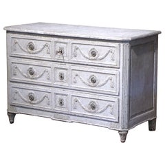 18th Century Louis XVI Carved & Painted Three-Drawer Chest with Faux Marble Top