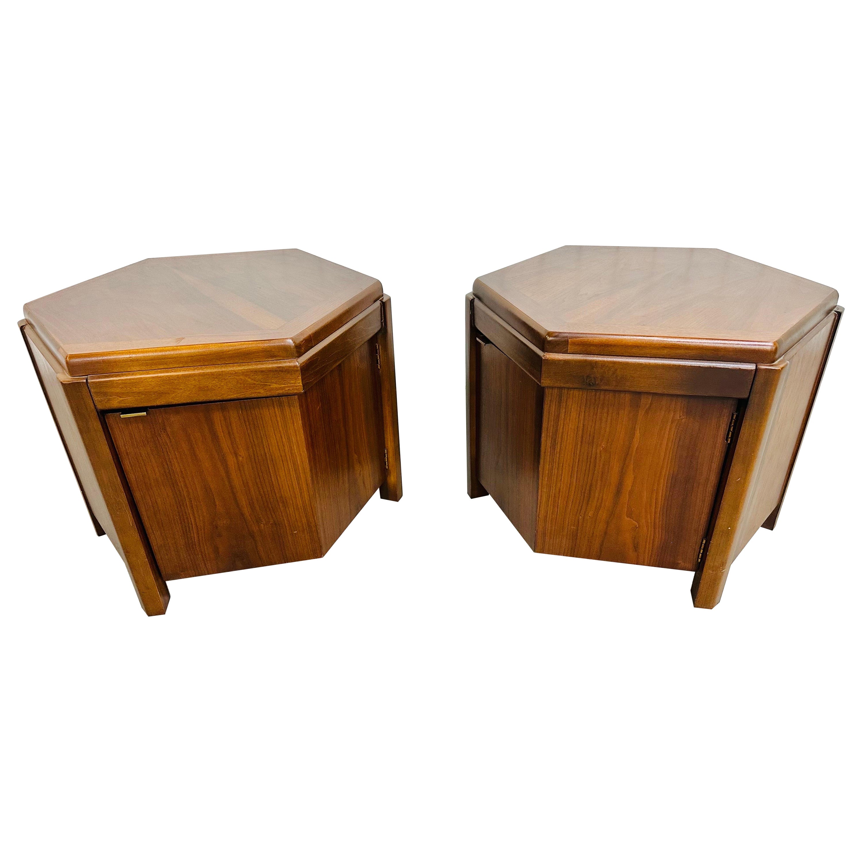 Mid-Century Modern Lane Hexagonal Walnut Side Tables - Set of 2