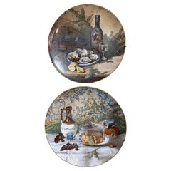 Used Pair 19th Century French Hand Painted Porcelain Wall Platters Signed Vivien