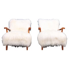 Pair of Lounge Chairs with Sheepskin, Made in Denmark 1940s