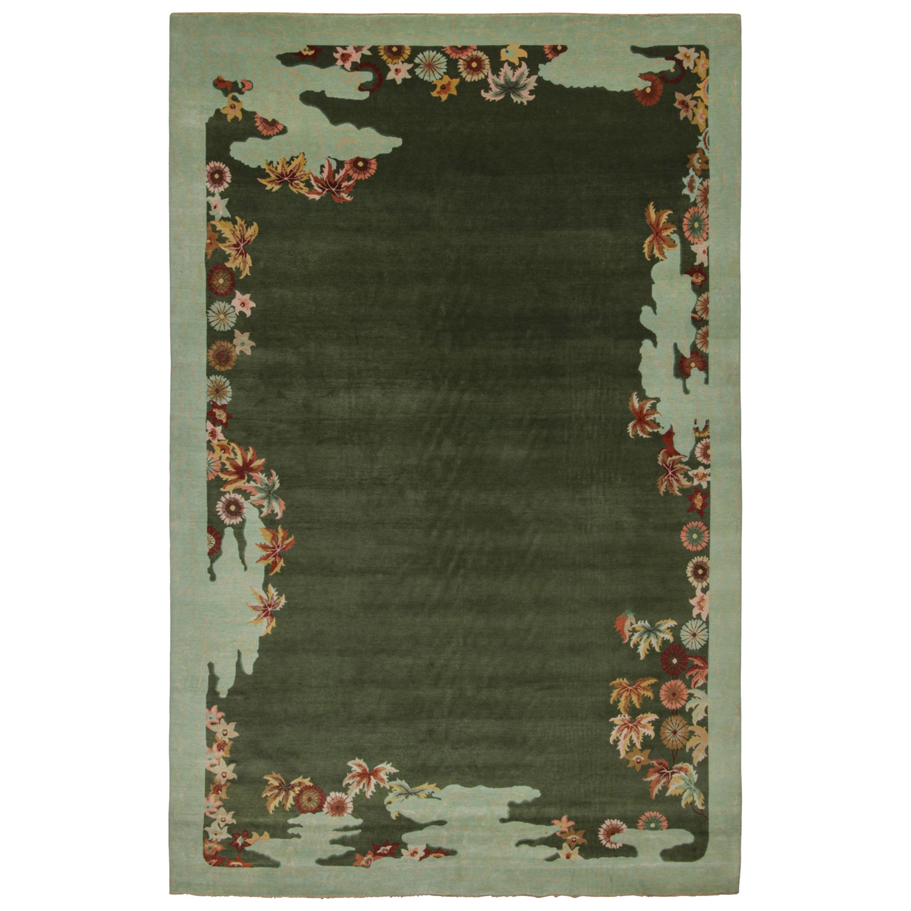 Rug & Kilim’s Chinese Art Deco Style Oversized Rug in Green with Floral Patterns For Sale