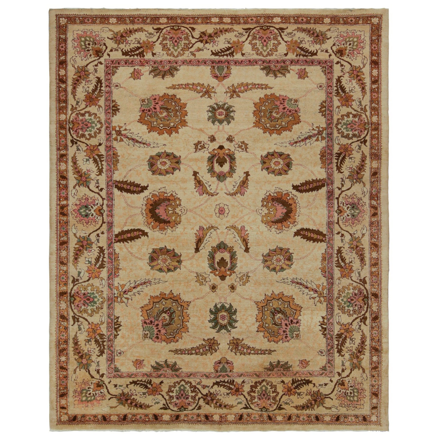 Rare Antique Agra Rug in Gold with Green and Pink Floral Patterns For Sale