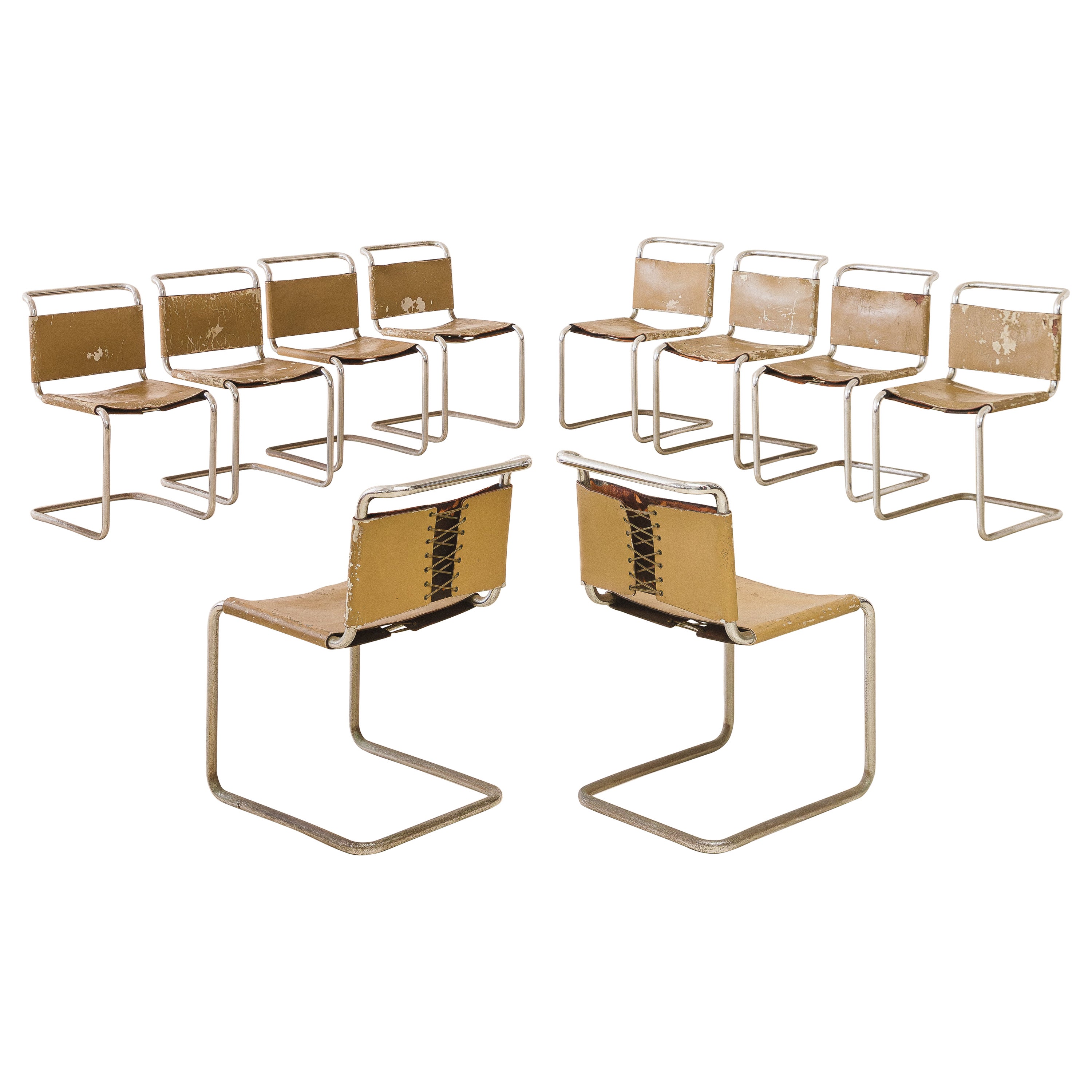 Conjunto de diez Sillas B33 diseño de Marcel Breuer, Hierro y Cuero, Brasil, 1980