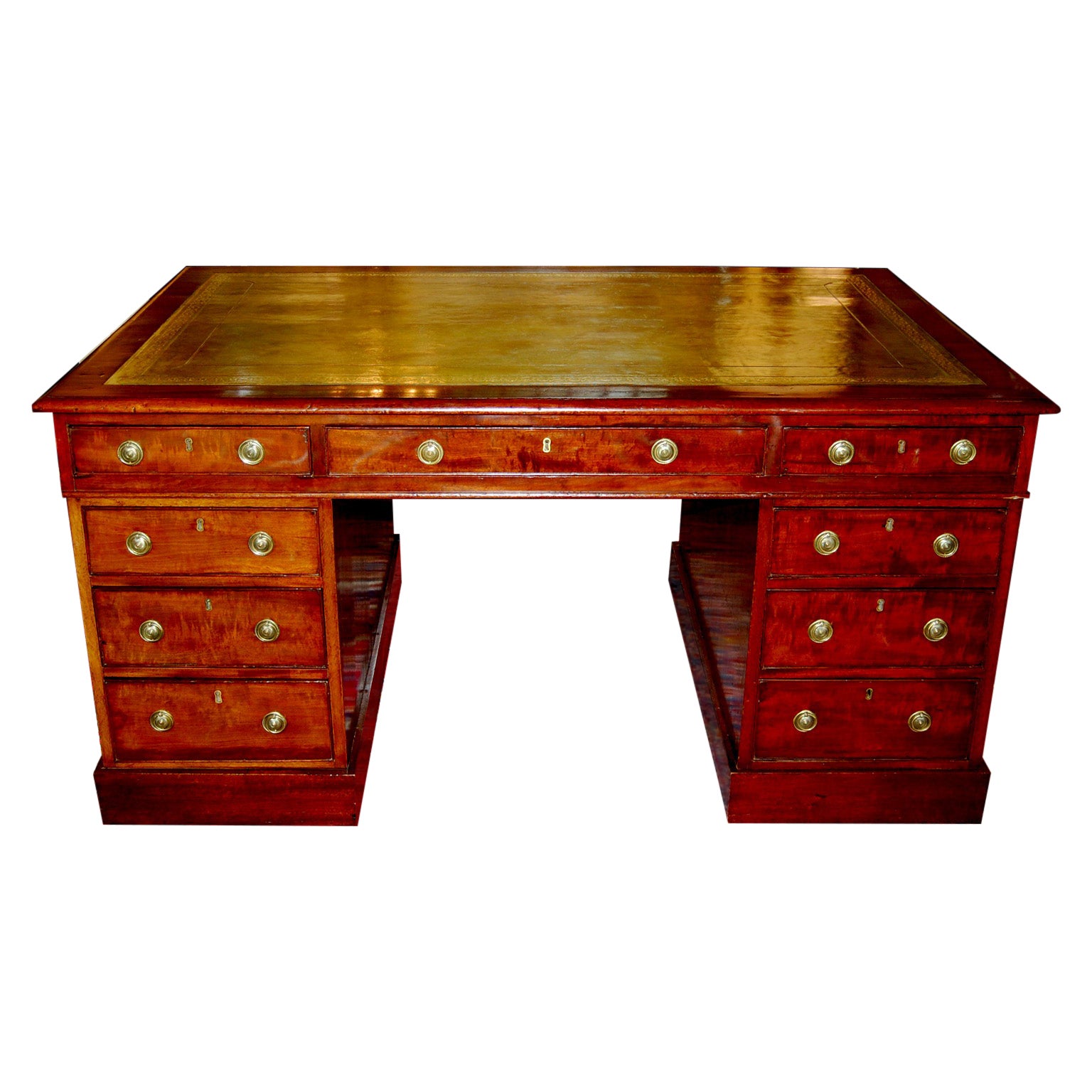 English Mid 19th Century Mahogany Partners Desk in Three Parts, Tooled Leather