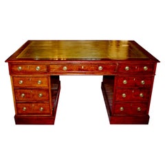 Antique English Mid 19th Century Mahogany Partners Desk in Three Parts, Tooled Leather