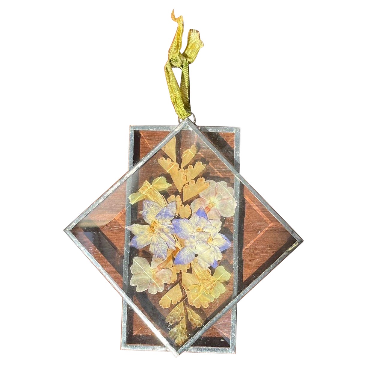 Vintage Blue and Yellow Pressed Flowers in Glass Ornament Art Decor 