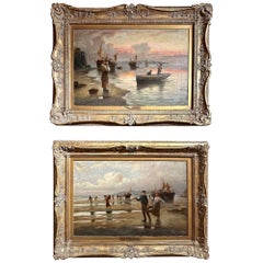Pair Antique Signed Oil on Canvas Paintings, "Fishing Fleet at Sundown" Ca. 1890