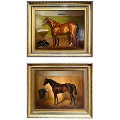 Pair Antique "H. Jones" 1908 Oil on Canvas Paintings of Thoroughbred Race Horses