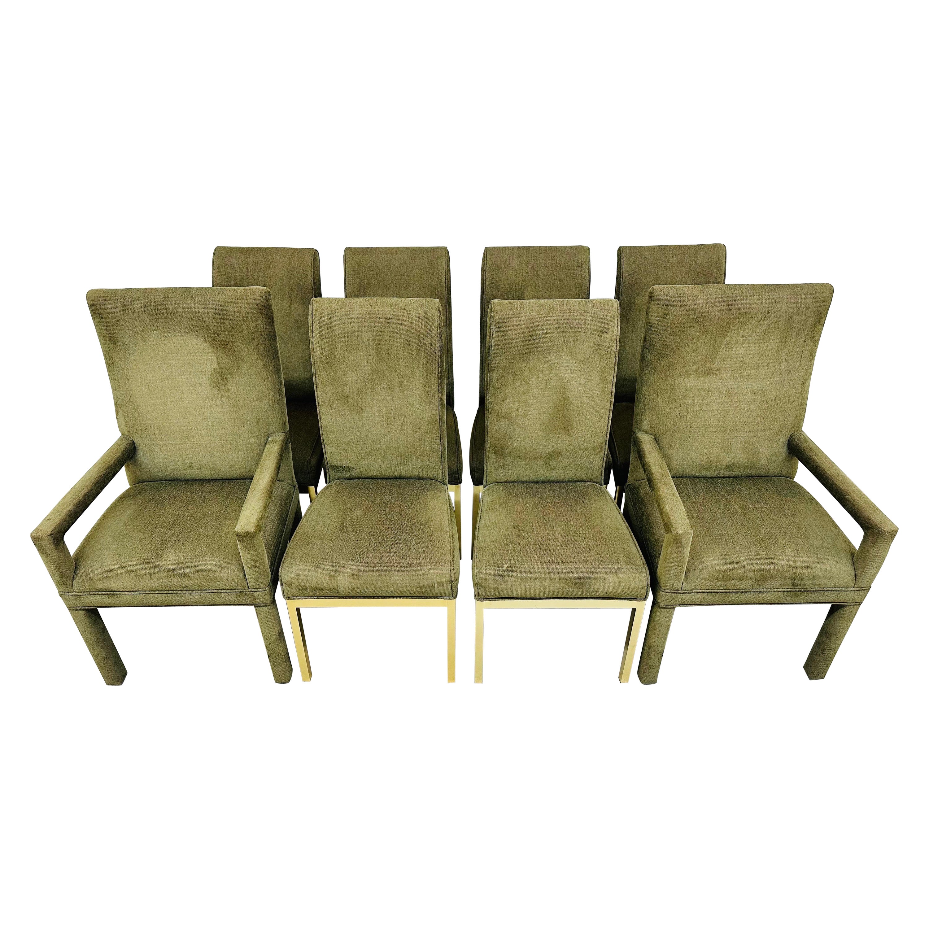 Post Modern Green Upholstered Brass Dining Chairs - Set of 8 For Sale