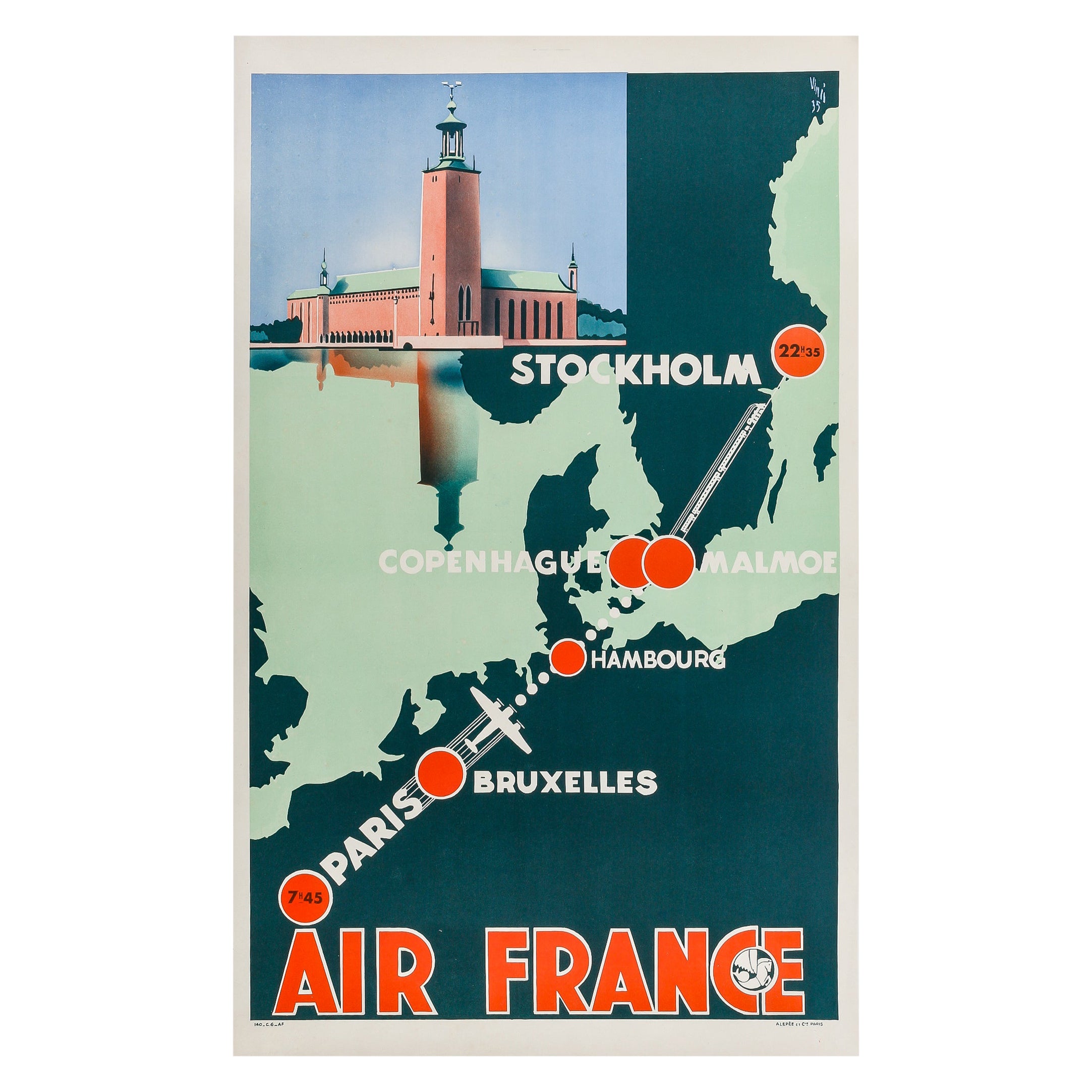 Vinci, Original Air France Poster, Paris Stockholm, Brussels, Copenhagen, 1935 For Sale