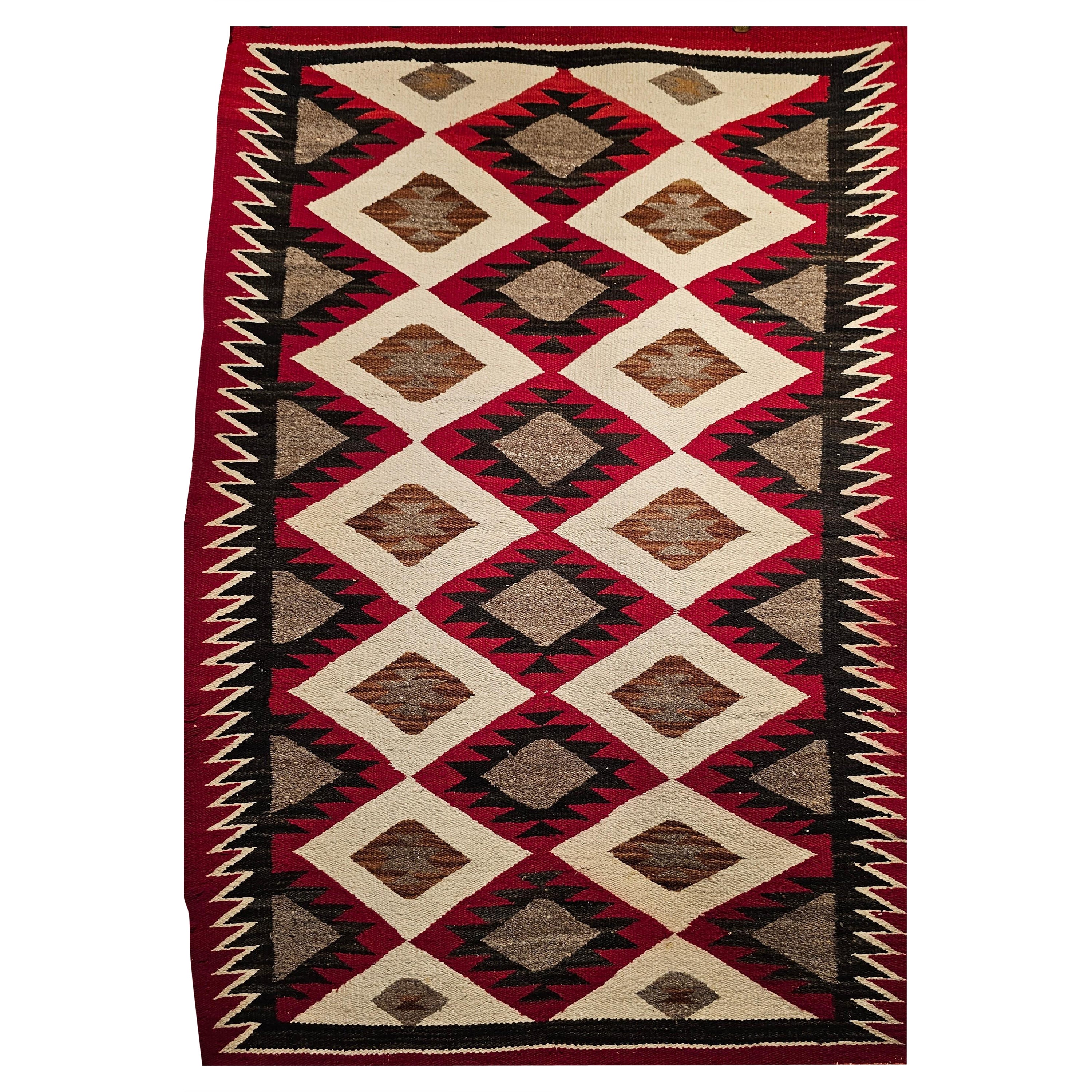 Amerikanischer Navajo-Teppich im Vintage-Vintage-Stil mit Eye Dazzler-Muster in Rot, Elfenbein, Grau, Schwarz