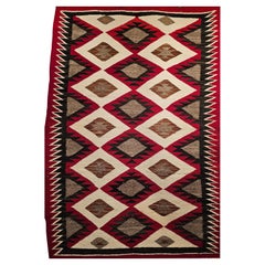 Vintage Native American Navajo Rug in Eye Dazzler Pattern in Red, Ivory, Gray