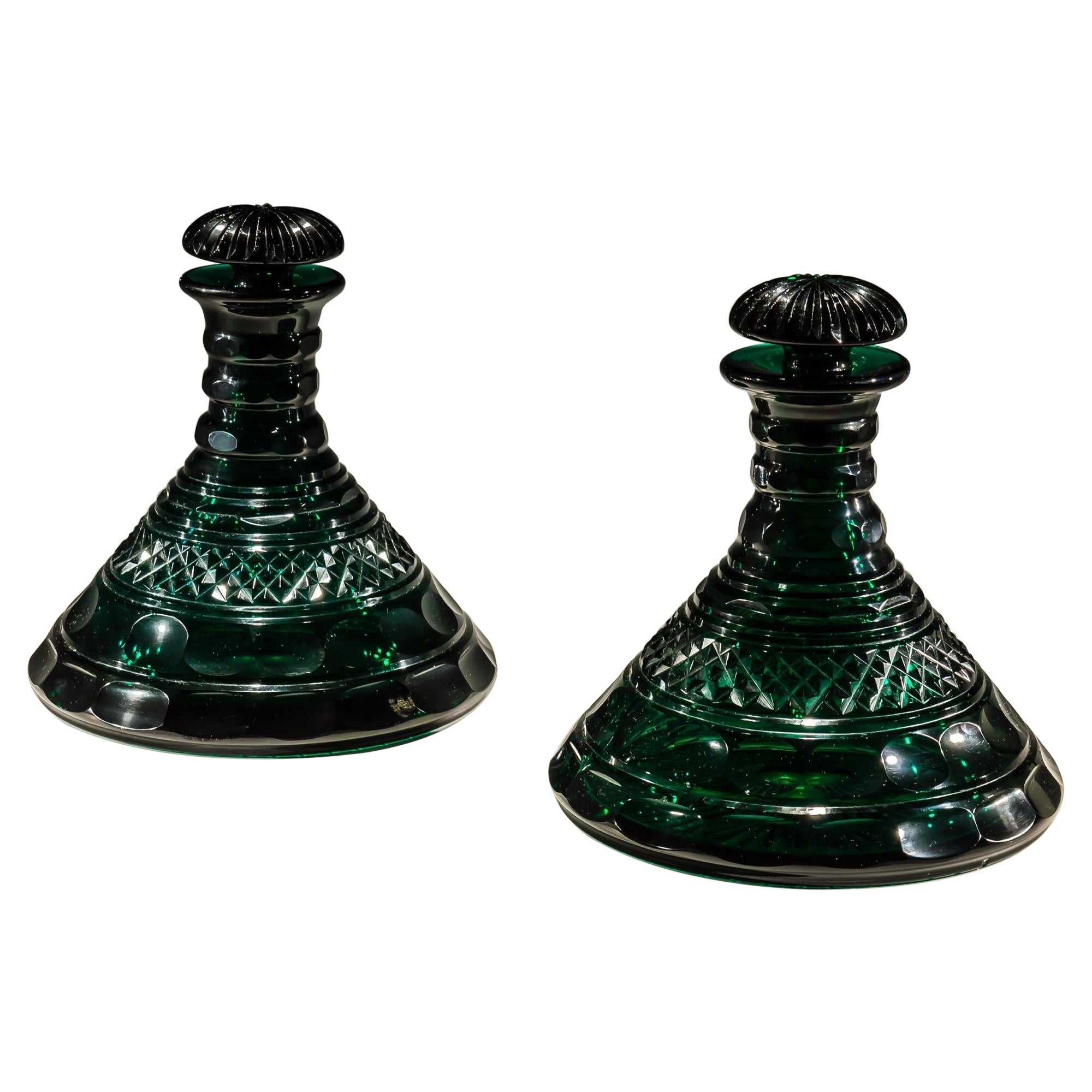 A Rare pair Of Heavily Cut Emerald Green Decanters  For Sale