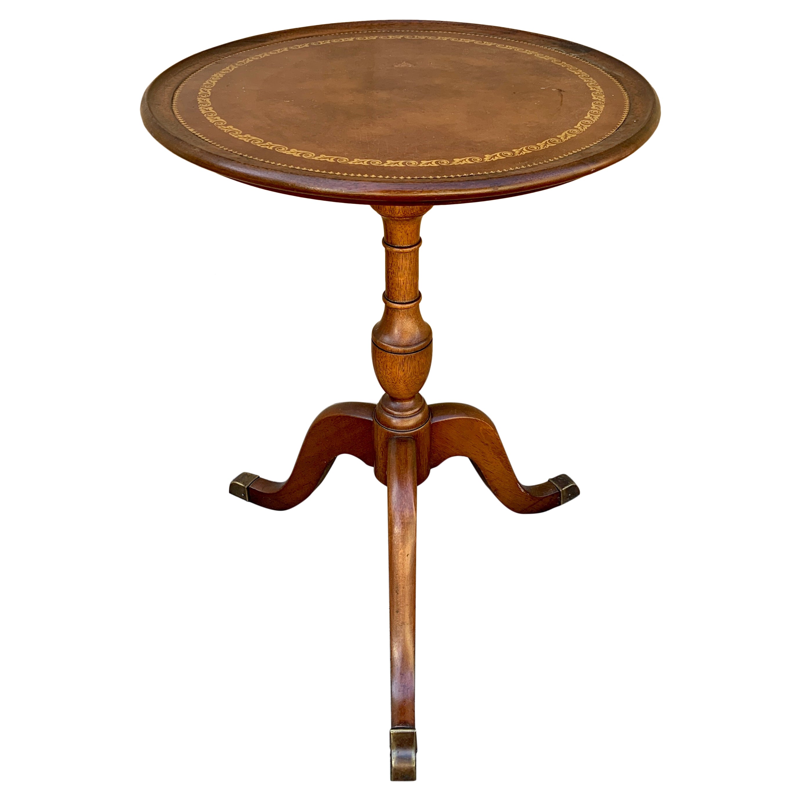 Table d'appoint ronde en acajou avec dessus en cuir gaufré de style géorgien