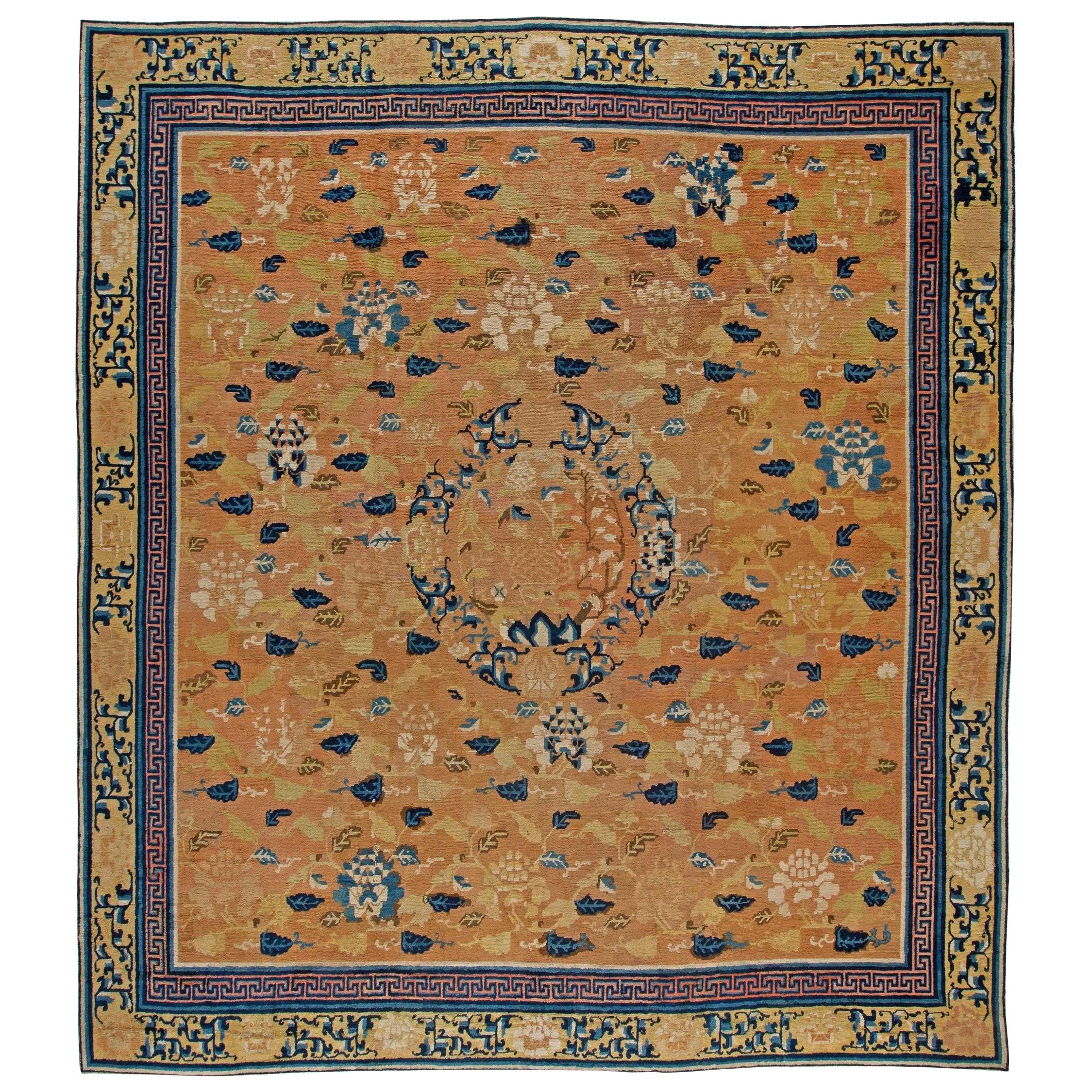 19th Century Chinese Yellow Blue Handmade Rug For Sale