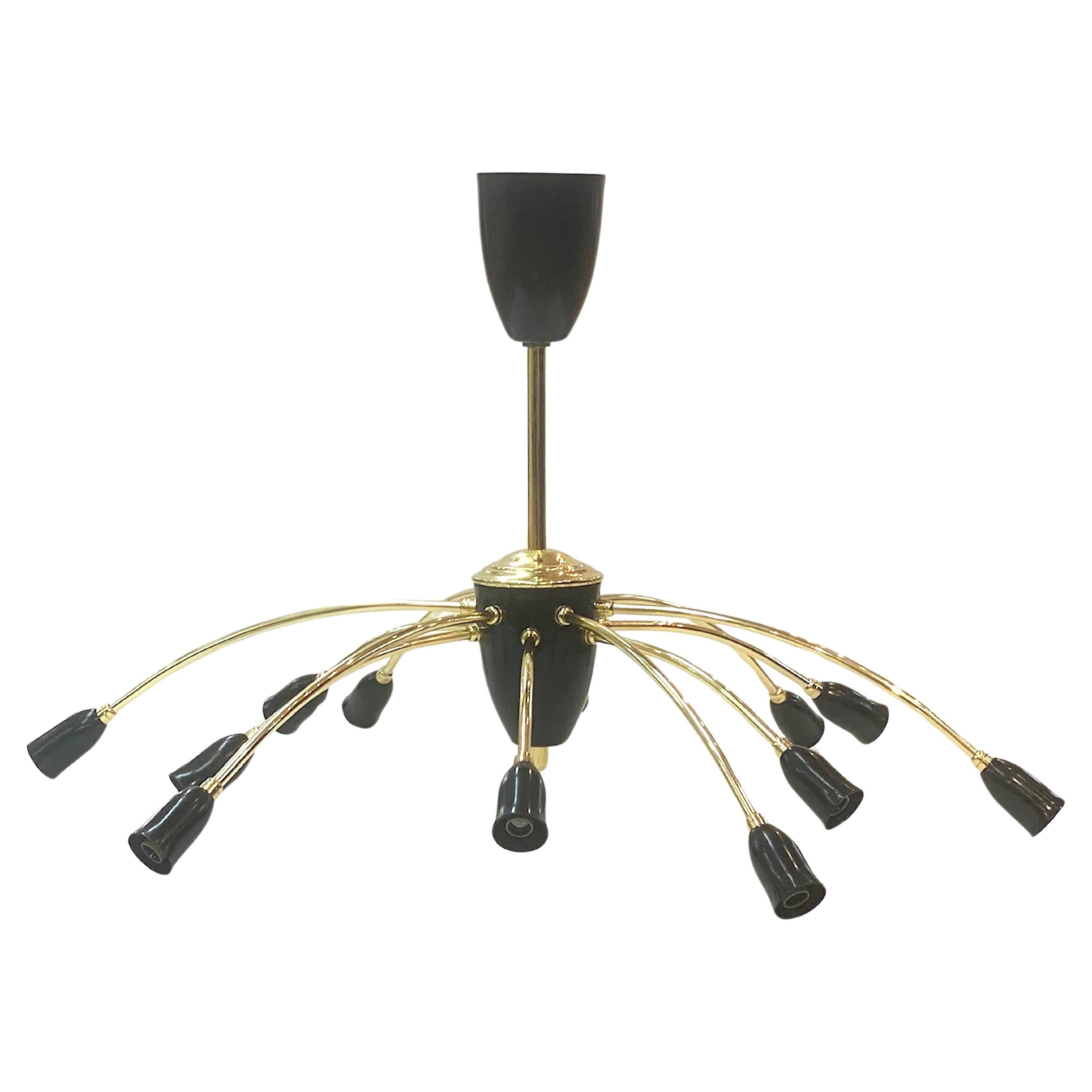 Italian 1950s Large Brass & Black Enamel Star-Burst Ceiling Mount Light