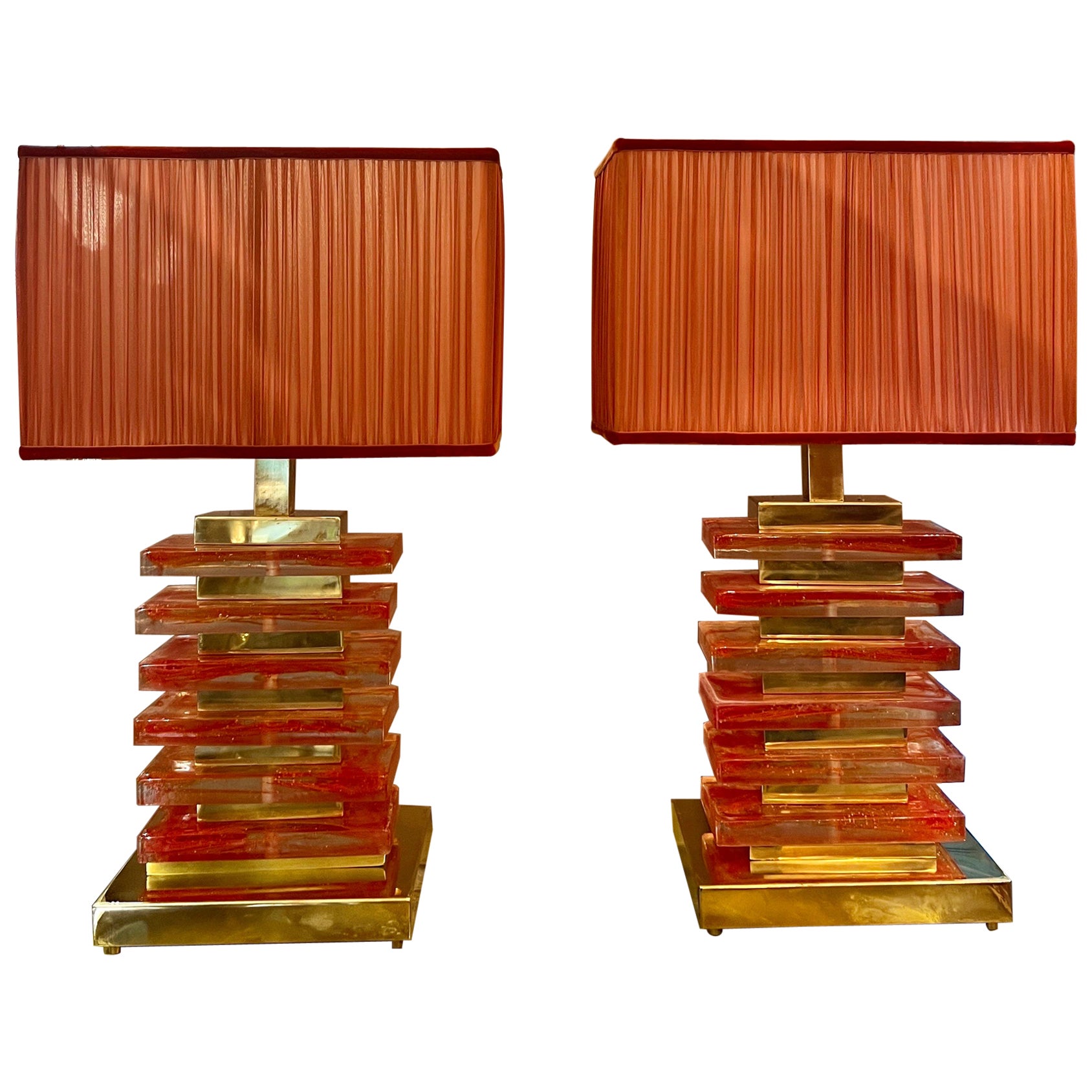Coppia di lampade in vetro di Murano arancio con nostri paralumi, 1970 For Sale 3