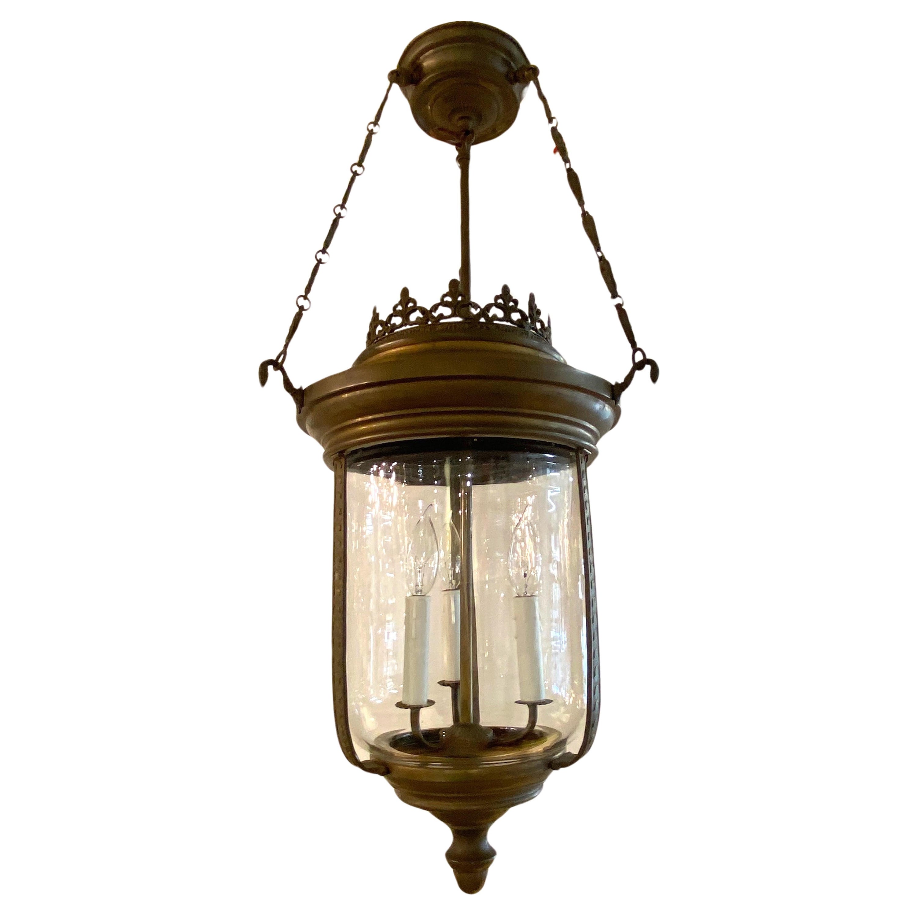 Patinated Bronze with hand Blown Glass Lantern For Sale