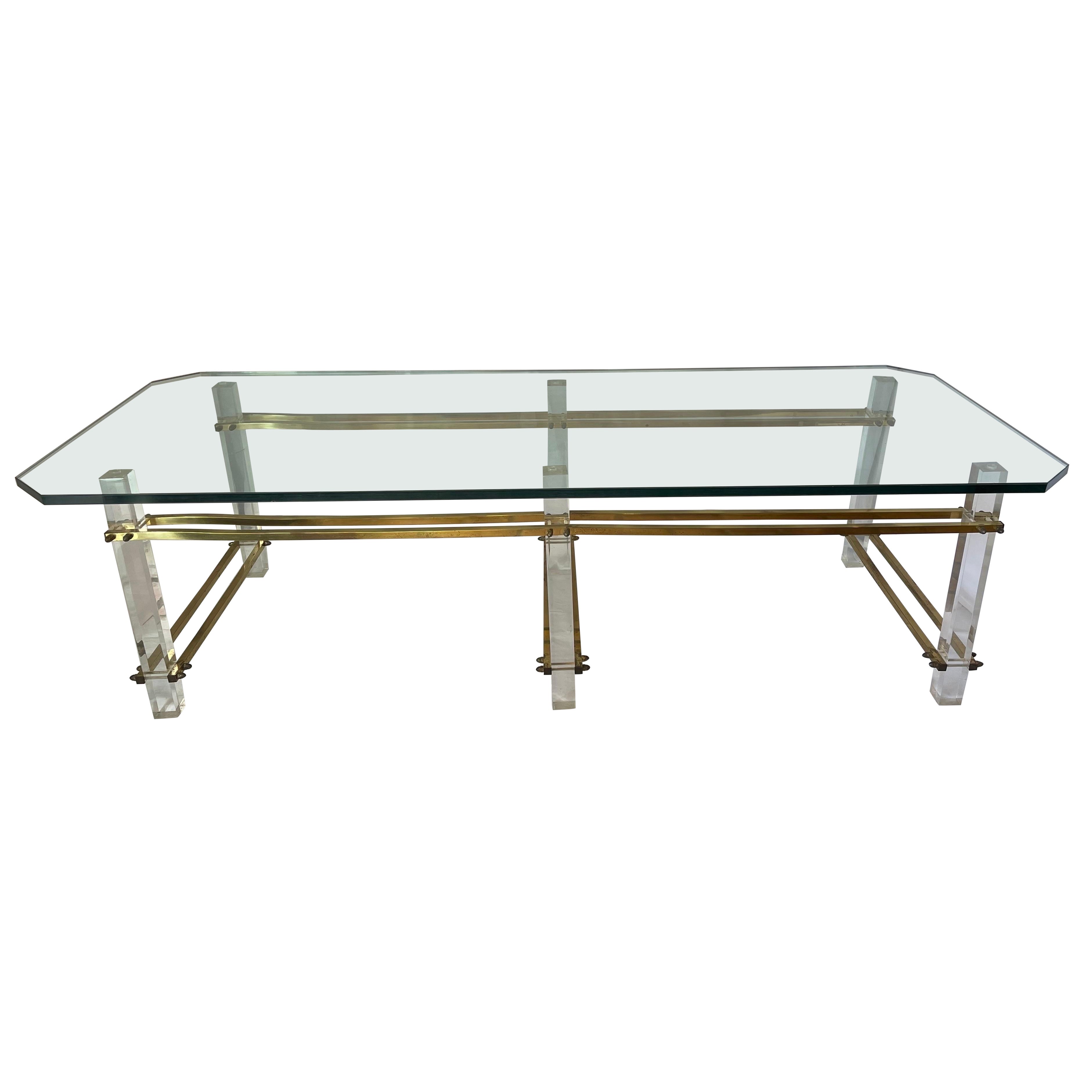Charles Hollis Jones Lucite and Brass Coffee Table For Sale