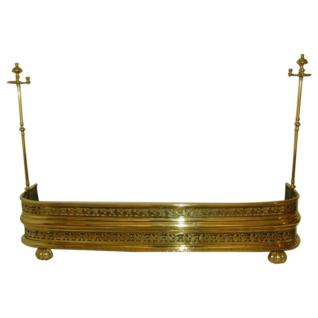 English William IV Brass Pierced  Fender with Removable Fire Tool Stanchions For Sale