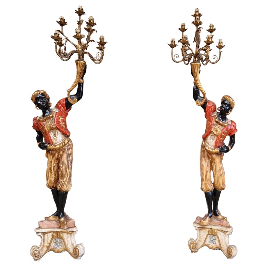 Pair of Blackamoor Floor Lamps Polychromed Wood Italian For Sale at 1stDibs
