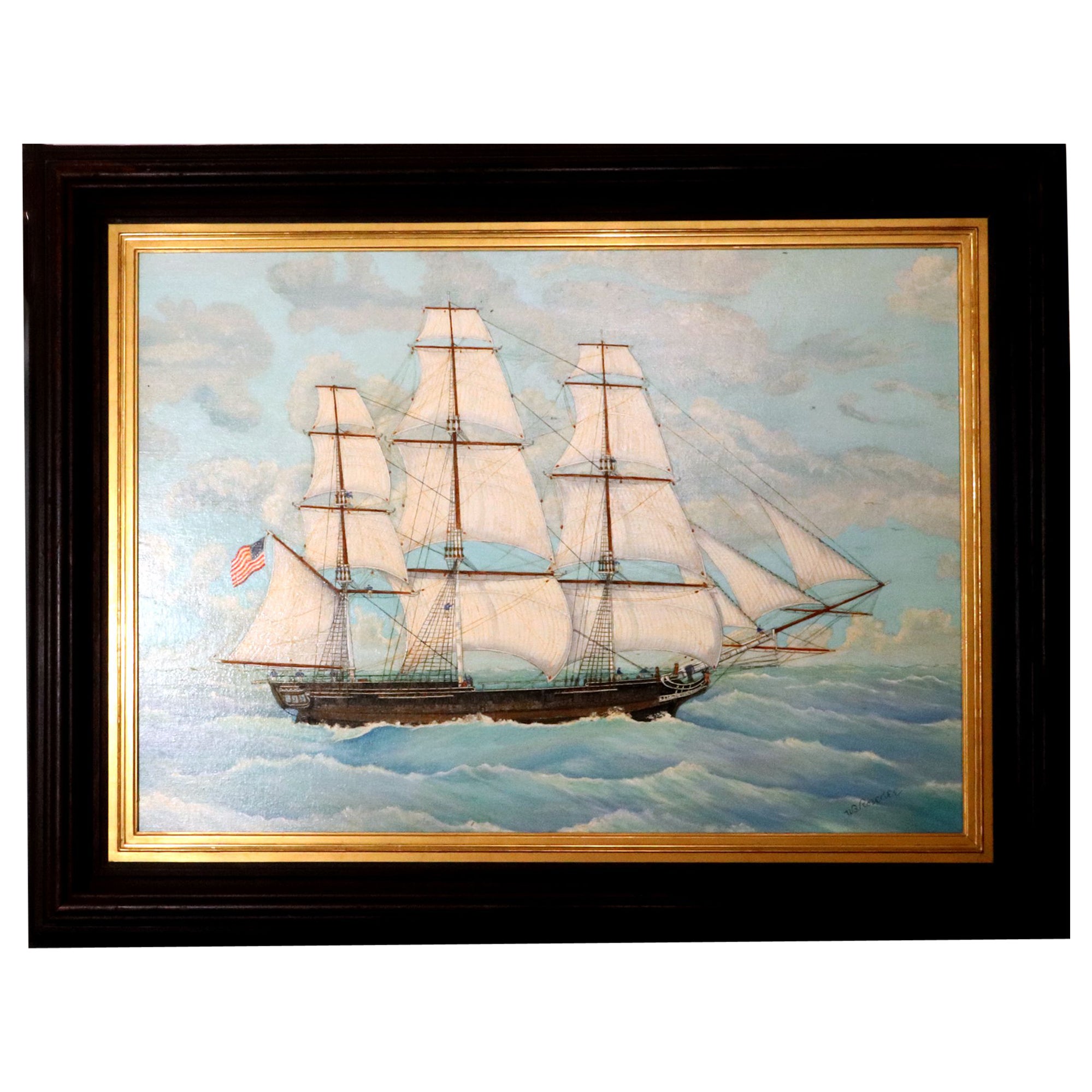 Large Marine Painting of the Frigate Essex by Will Robedee For Sale