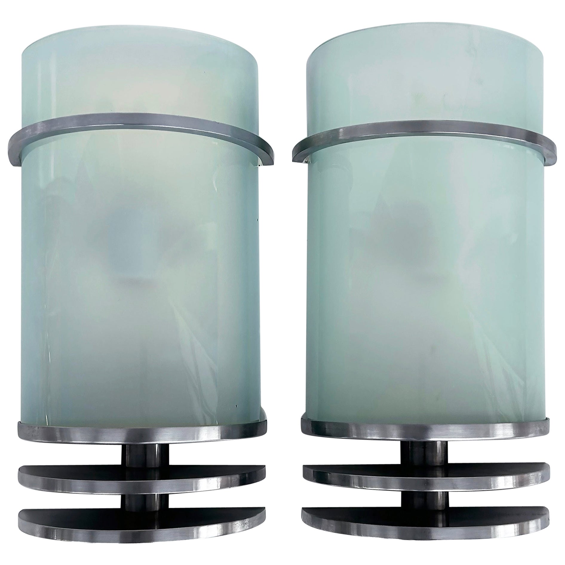 Streamlined Moderne Stainless Wall Sconces With Glass Shades, Pair For Sale
