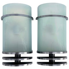 Vintage Streamlined Moderne Stainless Wall Sconces With Glass Shades, Pair