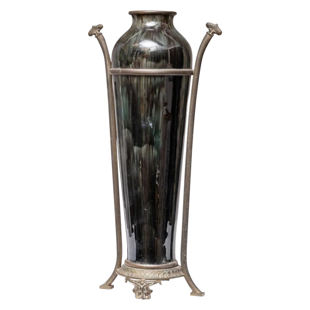 Incredible Large Vase. Bronze Mounted, refined porcelain glaze.
Underside of the base has a number and maybe a stamp.

Decorative and refined vase.

Size: 19.5 inches x 5 inches diameter of the base 

Good with nice glaze with some minor abrasions