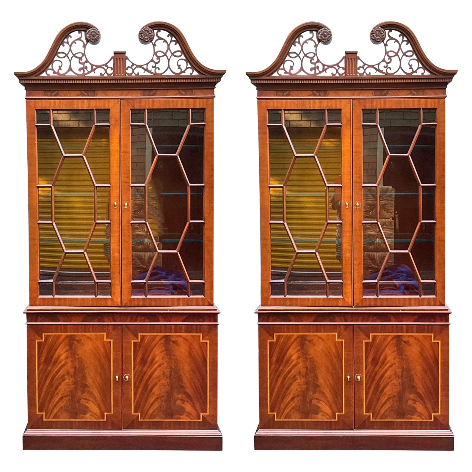Councill Craftsmen Chinese Chippendale Style Mahogany China Cabinets - Pair 