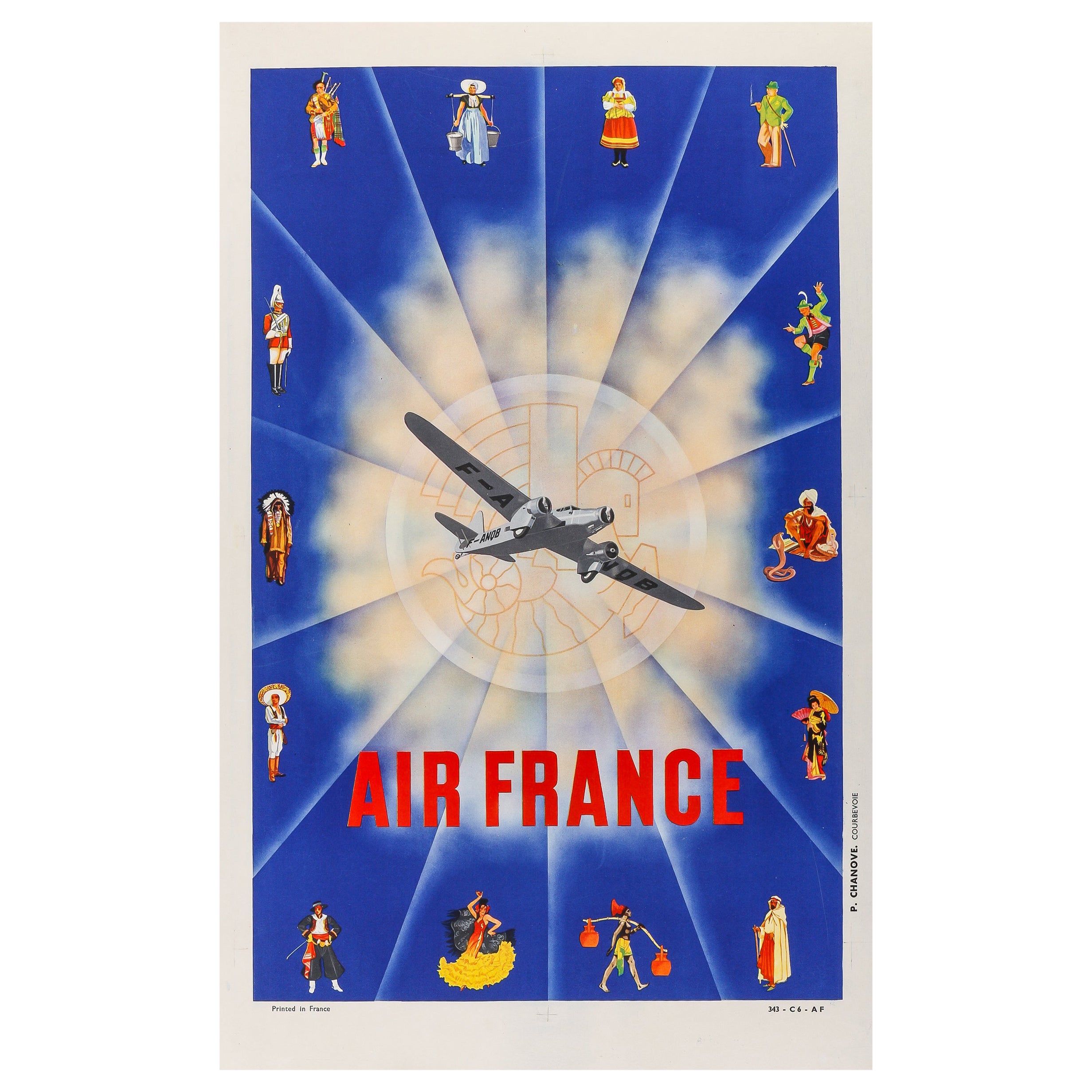 Original Air France Poster, Flamenco, Kimono, Sombrero, Kilt, Dewoitine, 1935 For Sale