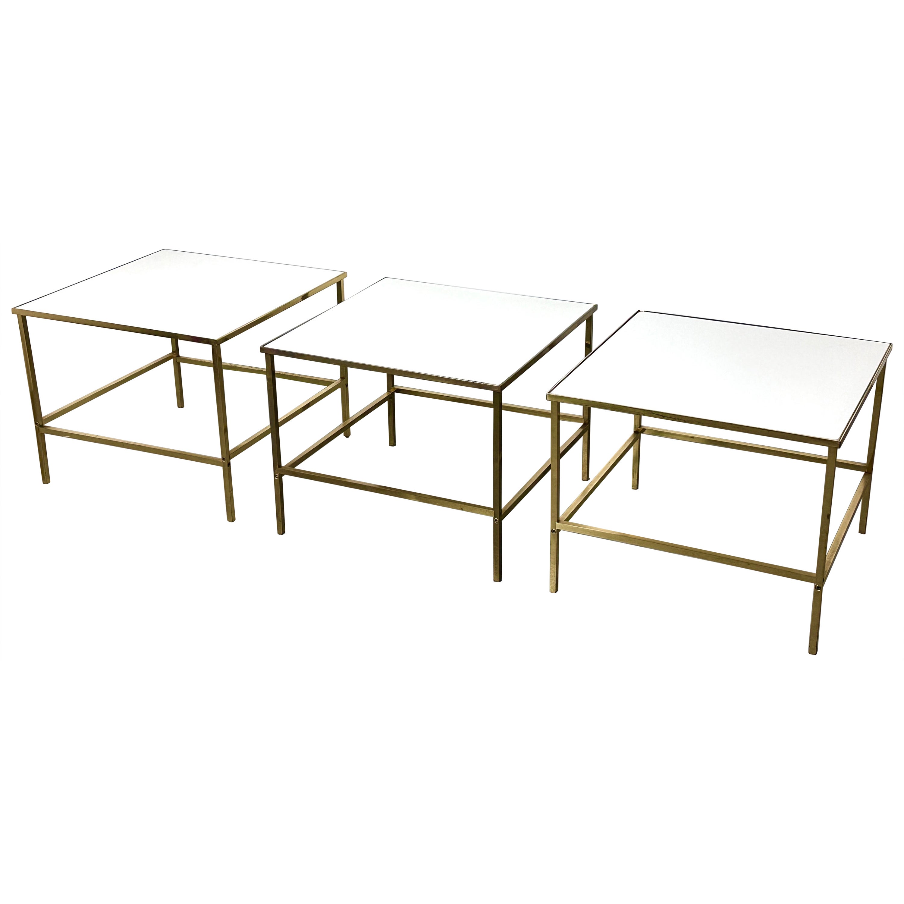 Trio of Mid Century Brass White Vitrolite Square Tables by Harvey Probber 1950s For Sale