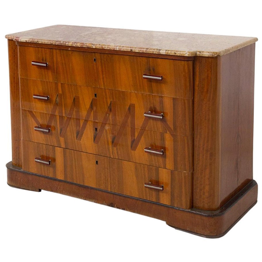 Italian Futurist chest of drawers in marble and wood, with iconographic inlay For Sale