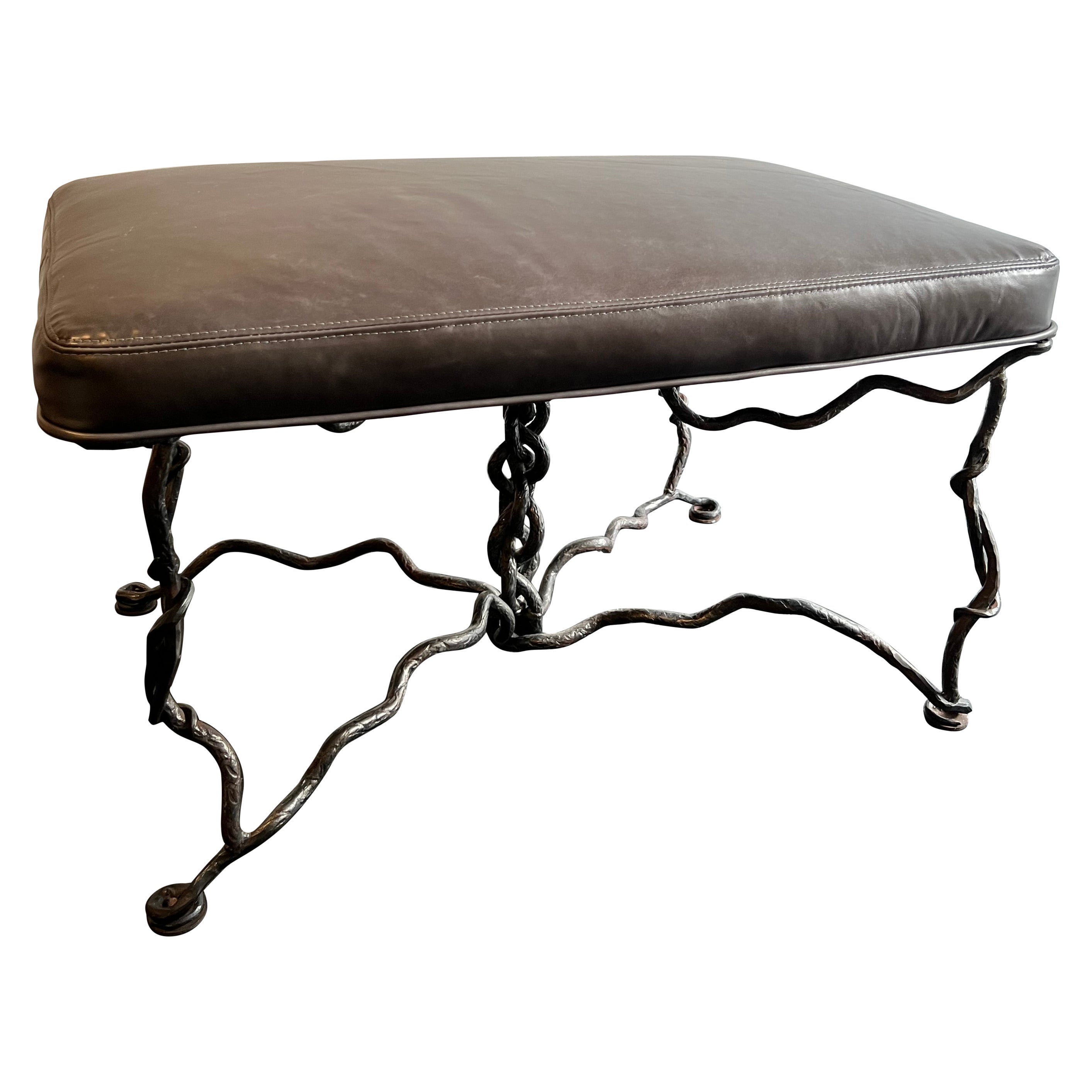 Giacometti Style Brutalist Iron Bench In Leather  For Sale
