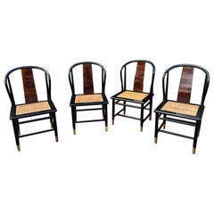 Vintage Henredon “Scene 3” Black Lacquer and Burl Dining Chairs - a Set of 4