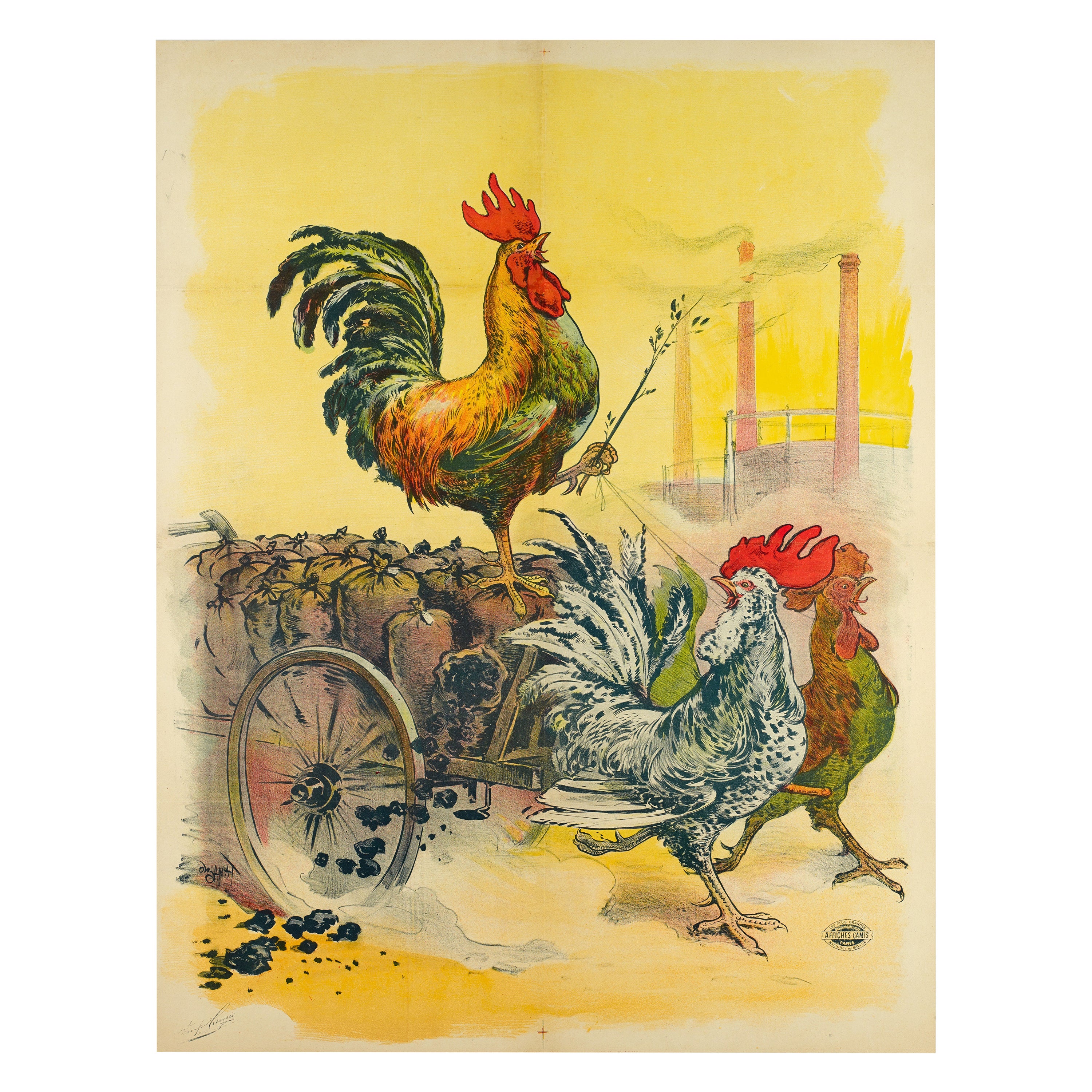 Tamagno, Original Art Nouveau Poster, Rooster, Gaz, Charcoal, Coke, Chimney 1910 For Sale